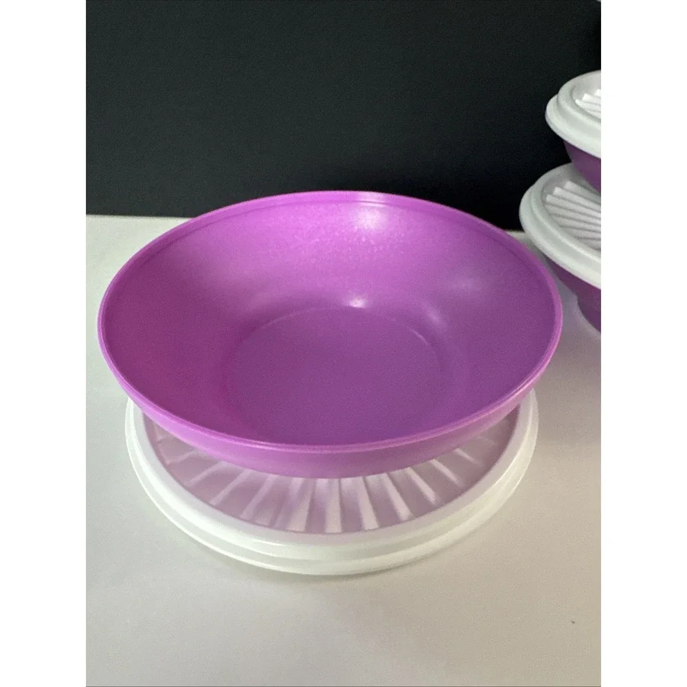 Tupperware Servalier Salad Cereal Bowl  Collection Set Of 4 Purple White Seal